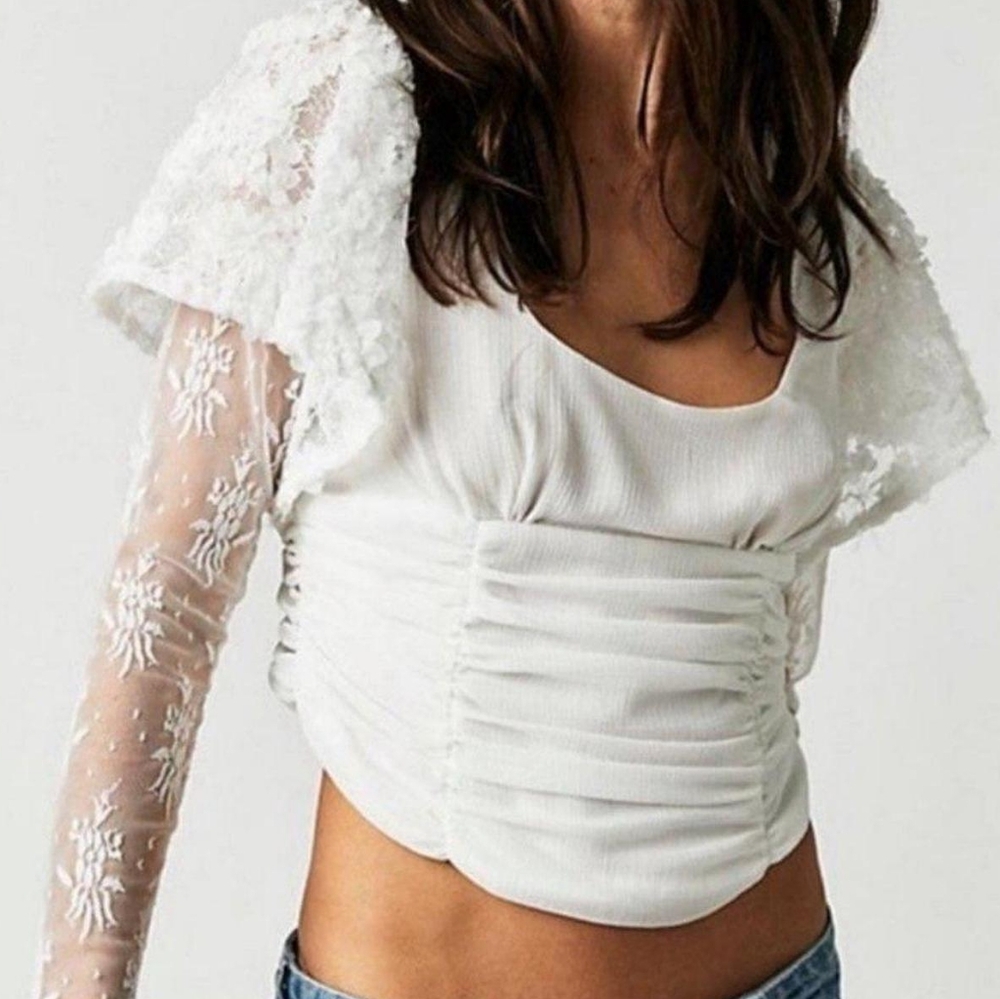 Free People Dream Of You Short Long Lace Sleeves Rouched Crop Top Size S